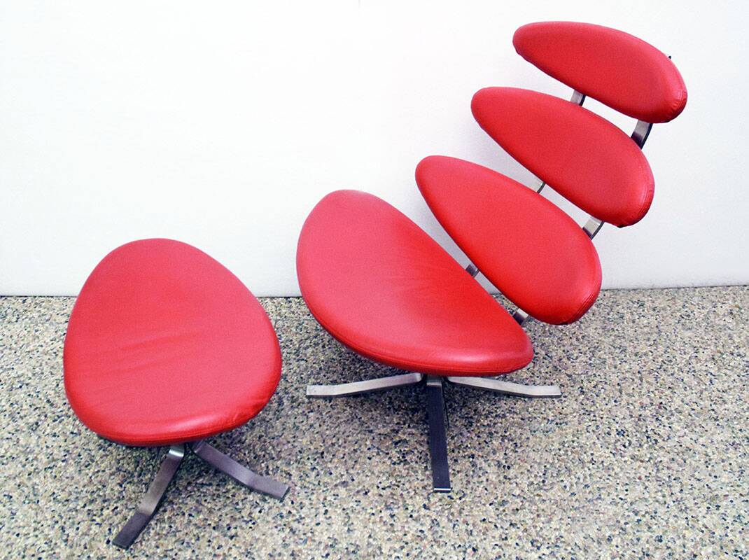 Paul Volther 'Corona Chair' with Ottoman, 1990s Replica in Leather