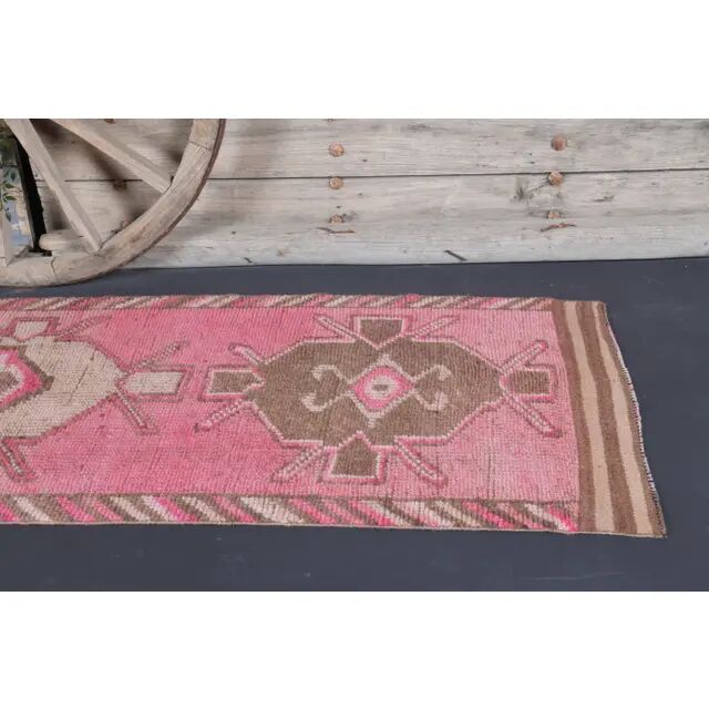 Vintage Turkish Oushak Handmade Wool Cotton Pink Runner Rug 90x303