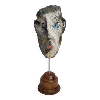 Signed raku ceramic mask, on base – Contemporary sculpture, 35 cm