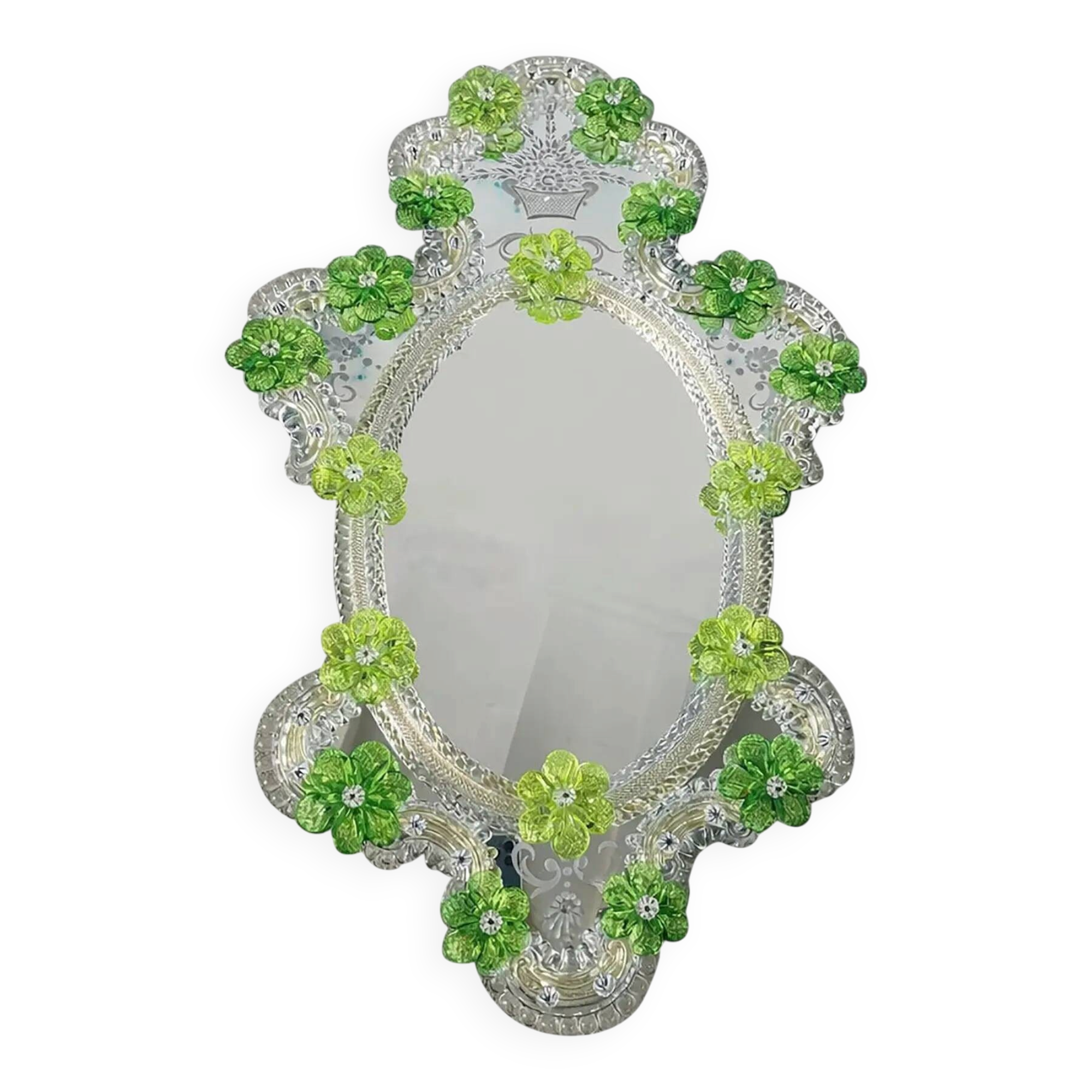 Venetian Oval Green Floral Hand-Carved Mirror – Italian 2000s Murano Glass