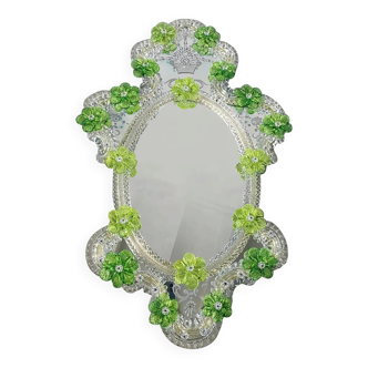 Venetian Oval Green Floral Hand-Carved Mirror – Italian 2000s Murano Glass