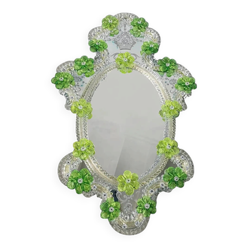 Miroir ovale vert floral en verre de Murano taillé à la main – Italien années 2000