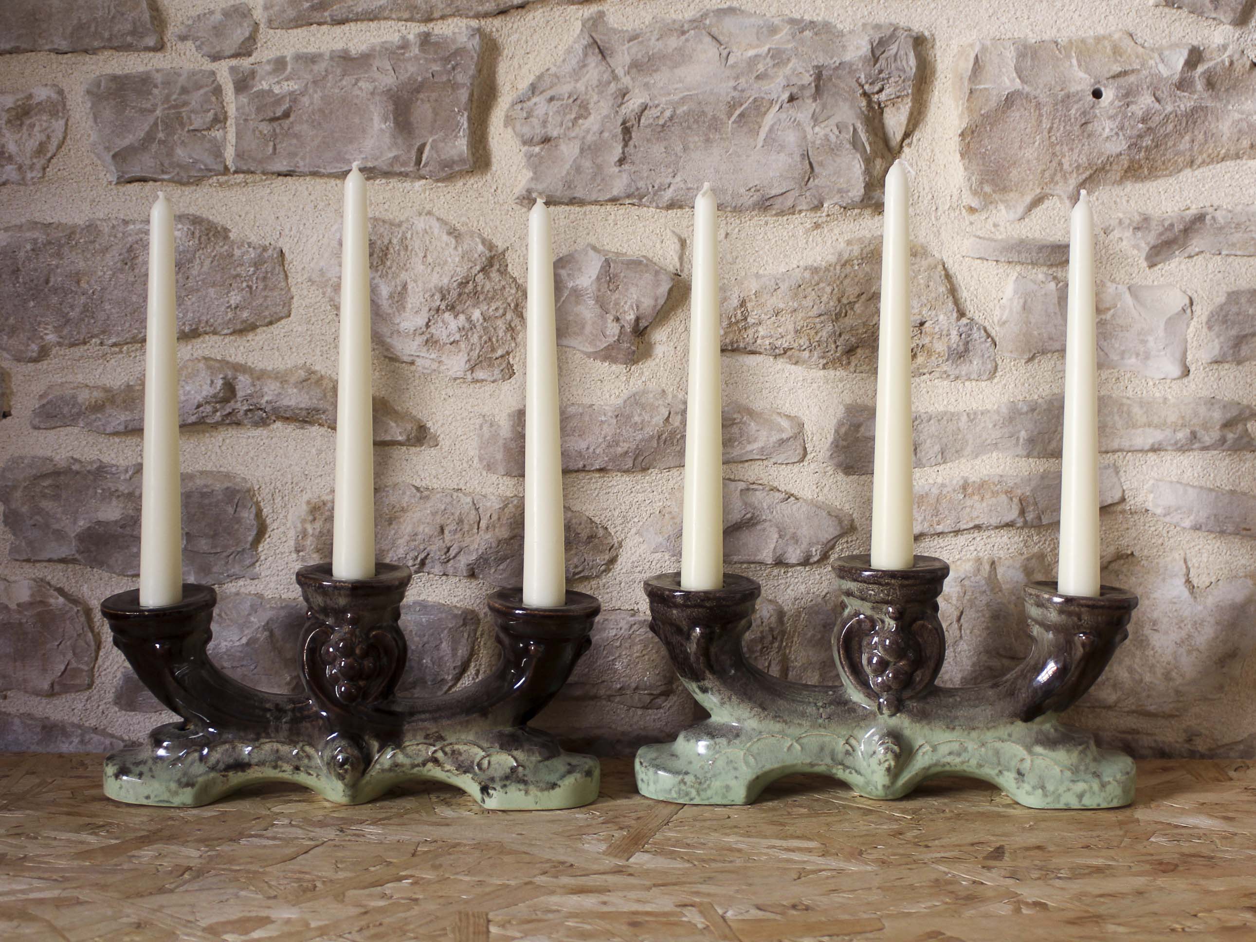 Pair of candlesticks 3 arms in glazed ceramic