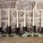 Pair of candlesticks 3 arms in glazed ceramic