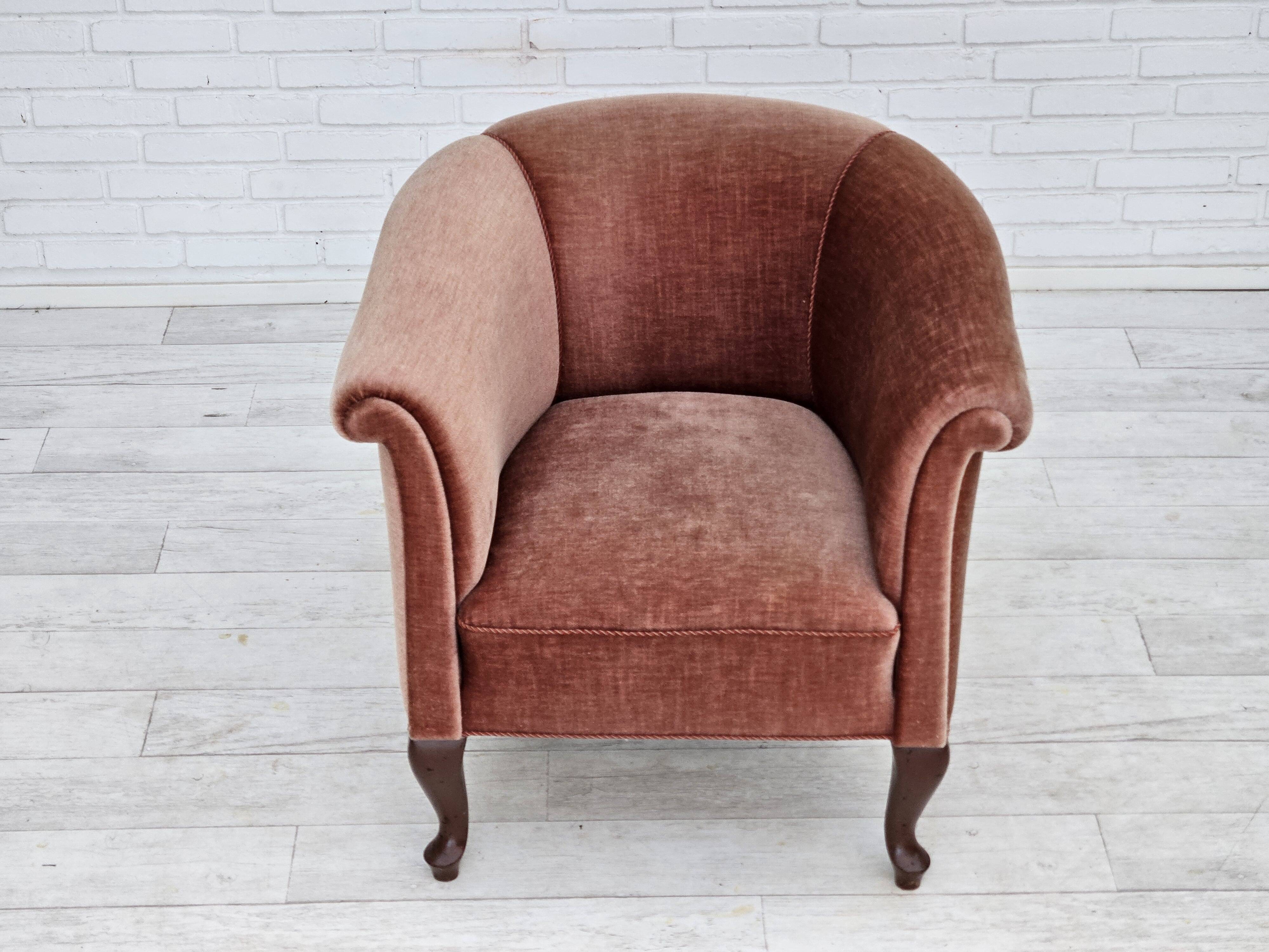 1960s, Danish lounge chair, salmon pink furniture velour, ash wood legs.