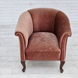 1960s, Danish lounge chair, salmon pink furniture velour, ash wood legs.