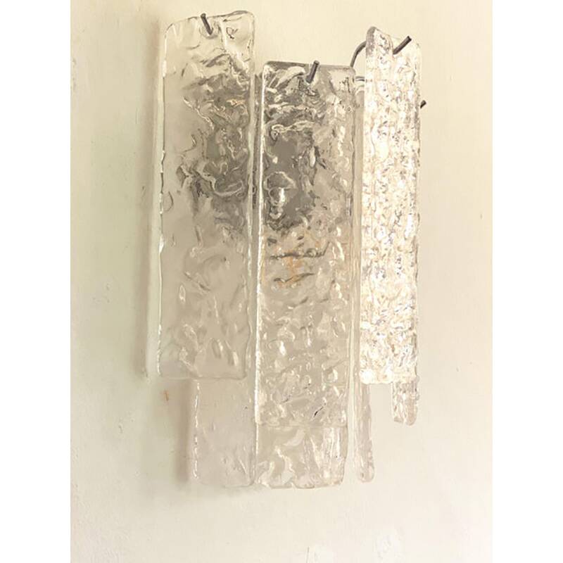 Pair of Contemporary Hammered Strips ”Listelli” Murano Glass Chromed Wall Sconces by Simoeng