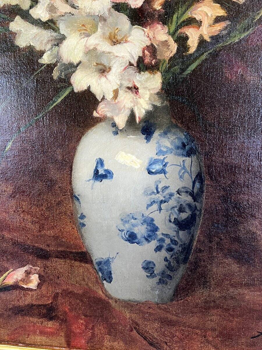 Oil on canvas painting Still life with flowers, Aimé Perret (1846-1927)