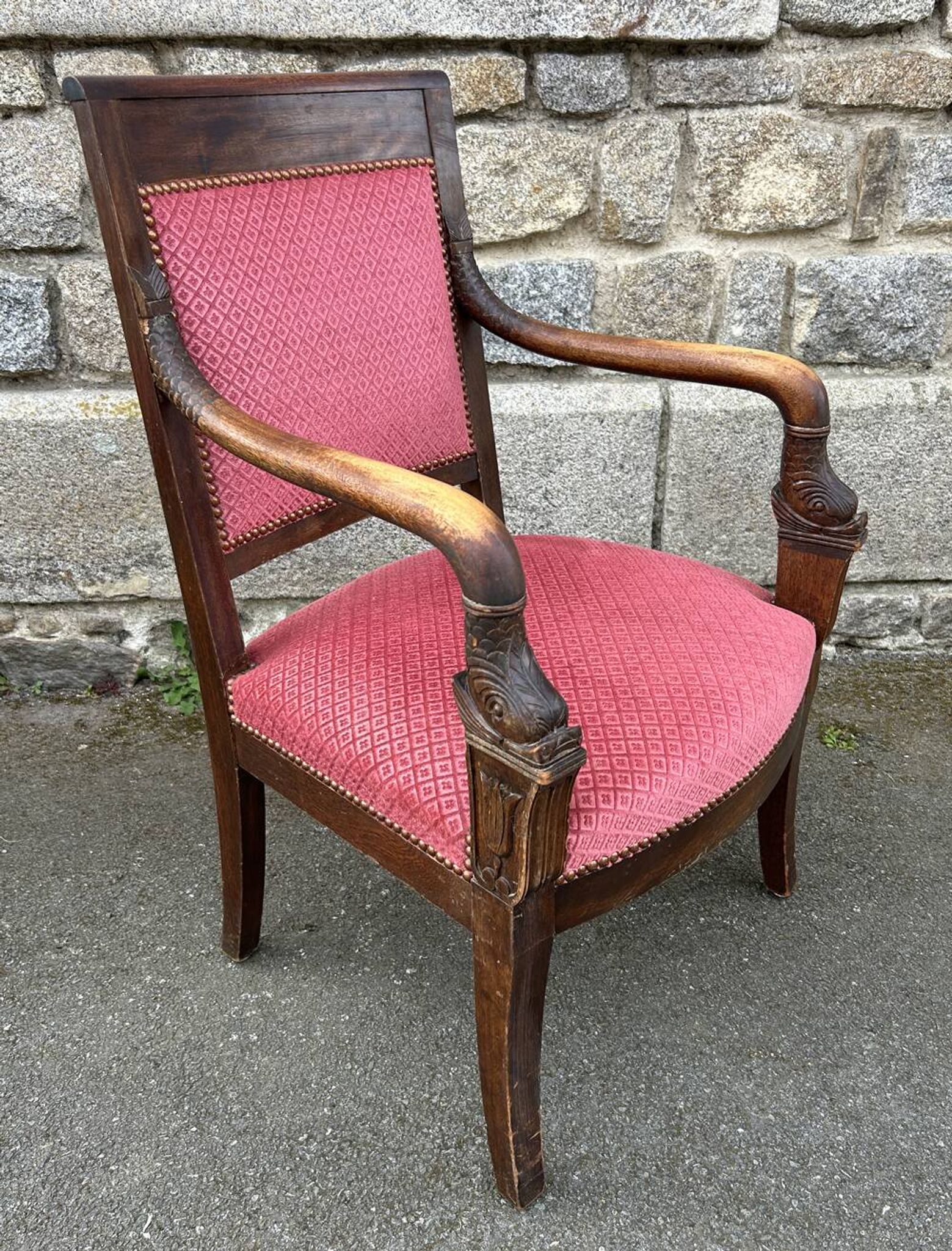 Pair of Empire armchairs, Consulate, walnut and velvet, 19th century.