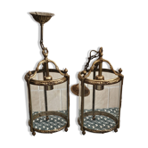 Pair of vintage corridor lanterns in brass and convex glass (1960s-70s)