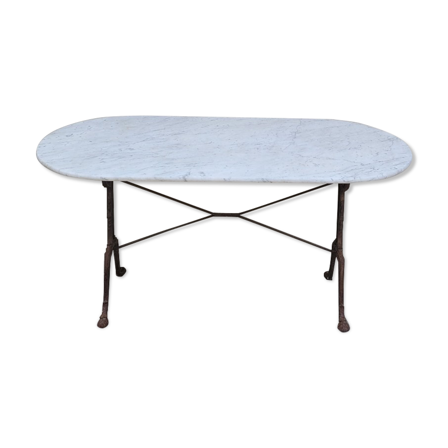 Restaurant bistro table in oval marble and decorated cast iron bases -1m51