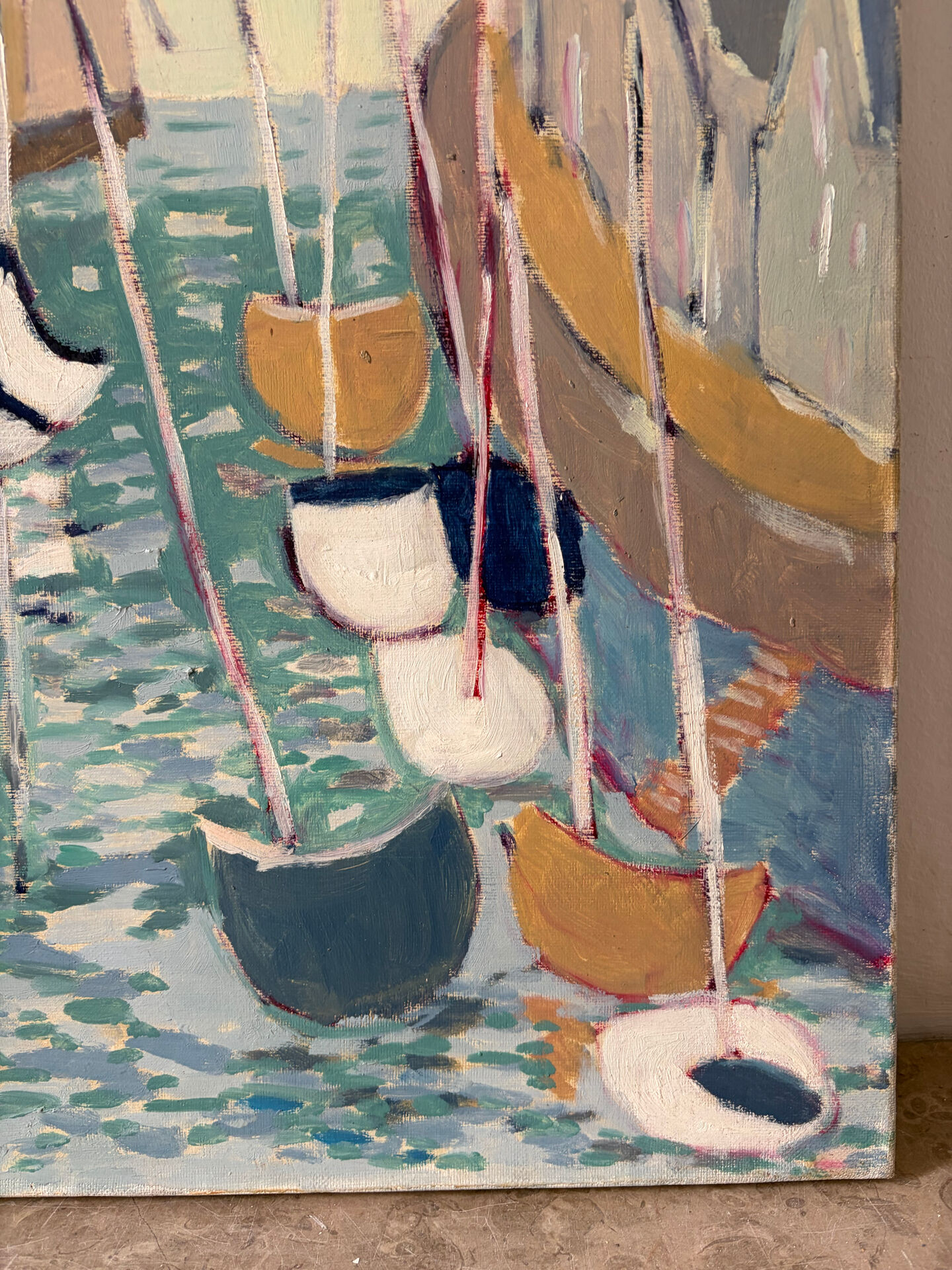 Houses by the port in the mist, oil on canvas signed 1989