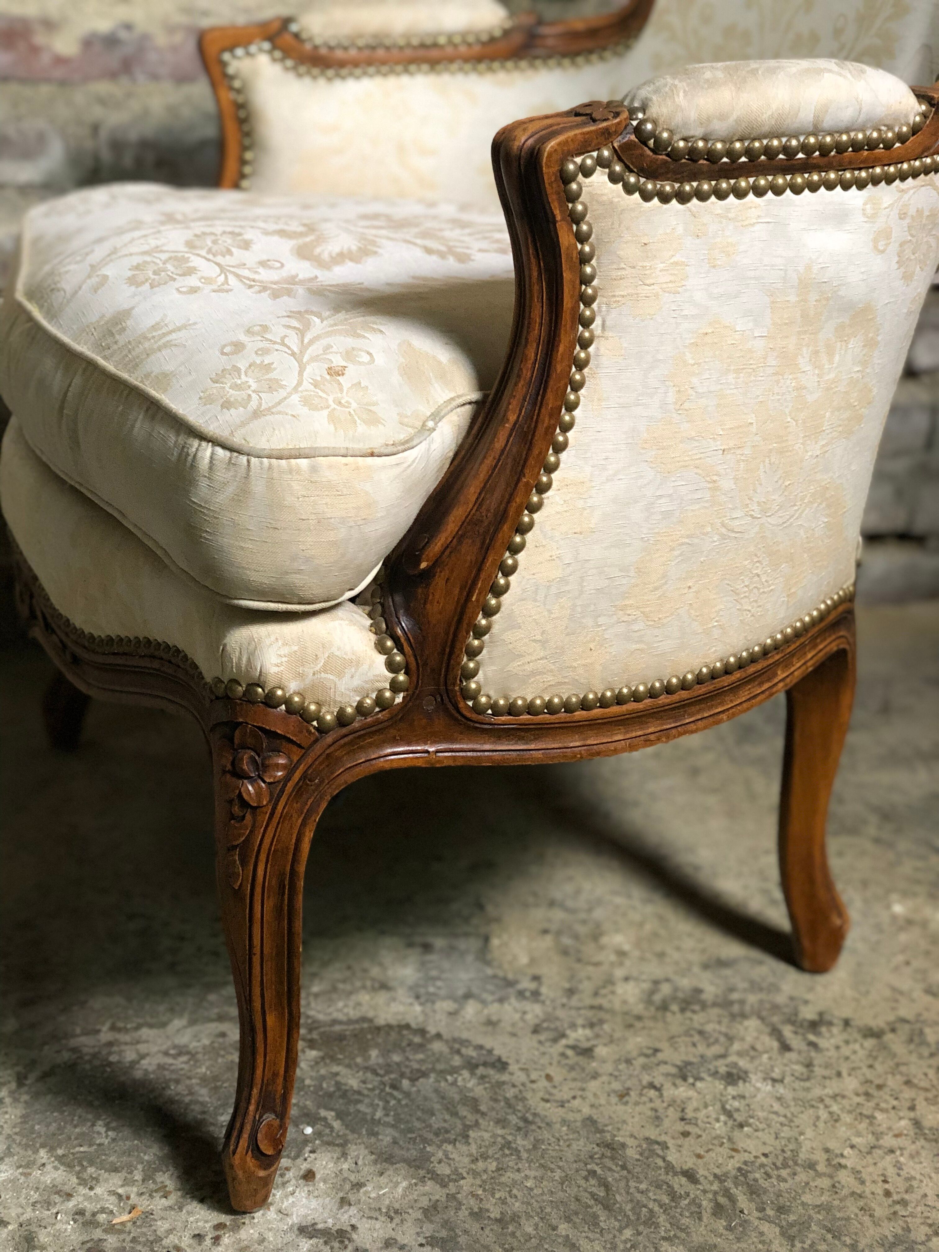 Armchairs Louis XV style carved walnut and fabric