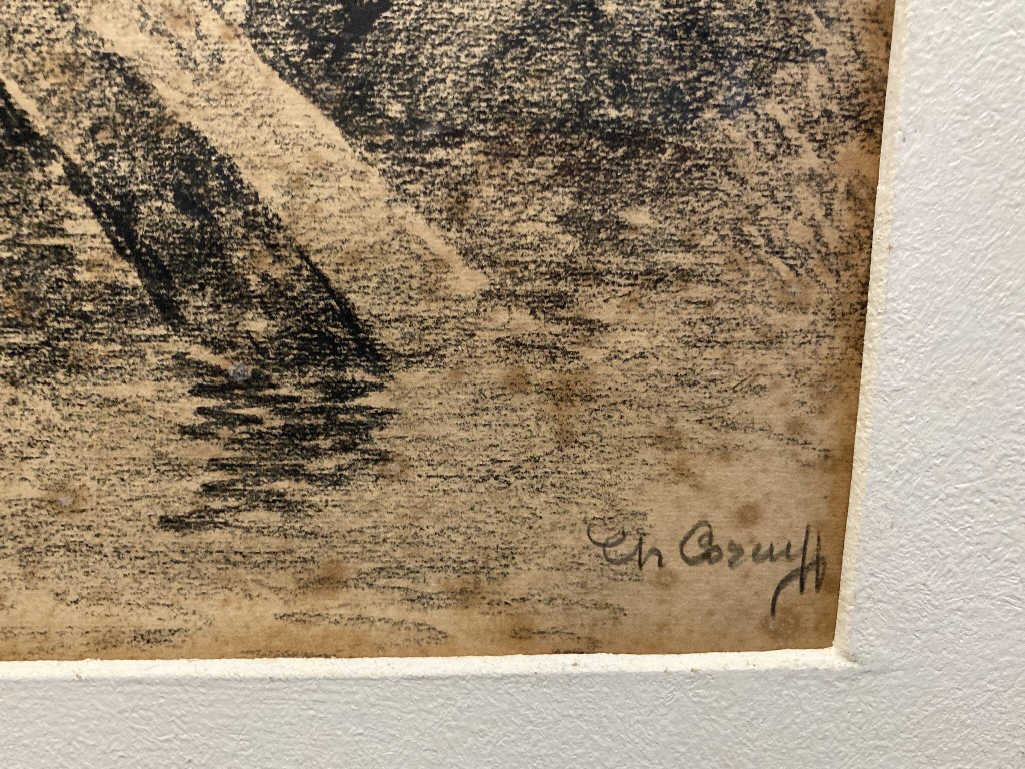 Corcuff, charcoal drawing of a bridge in Brittany signed early 20th century.