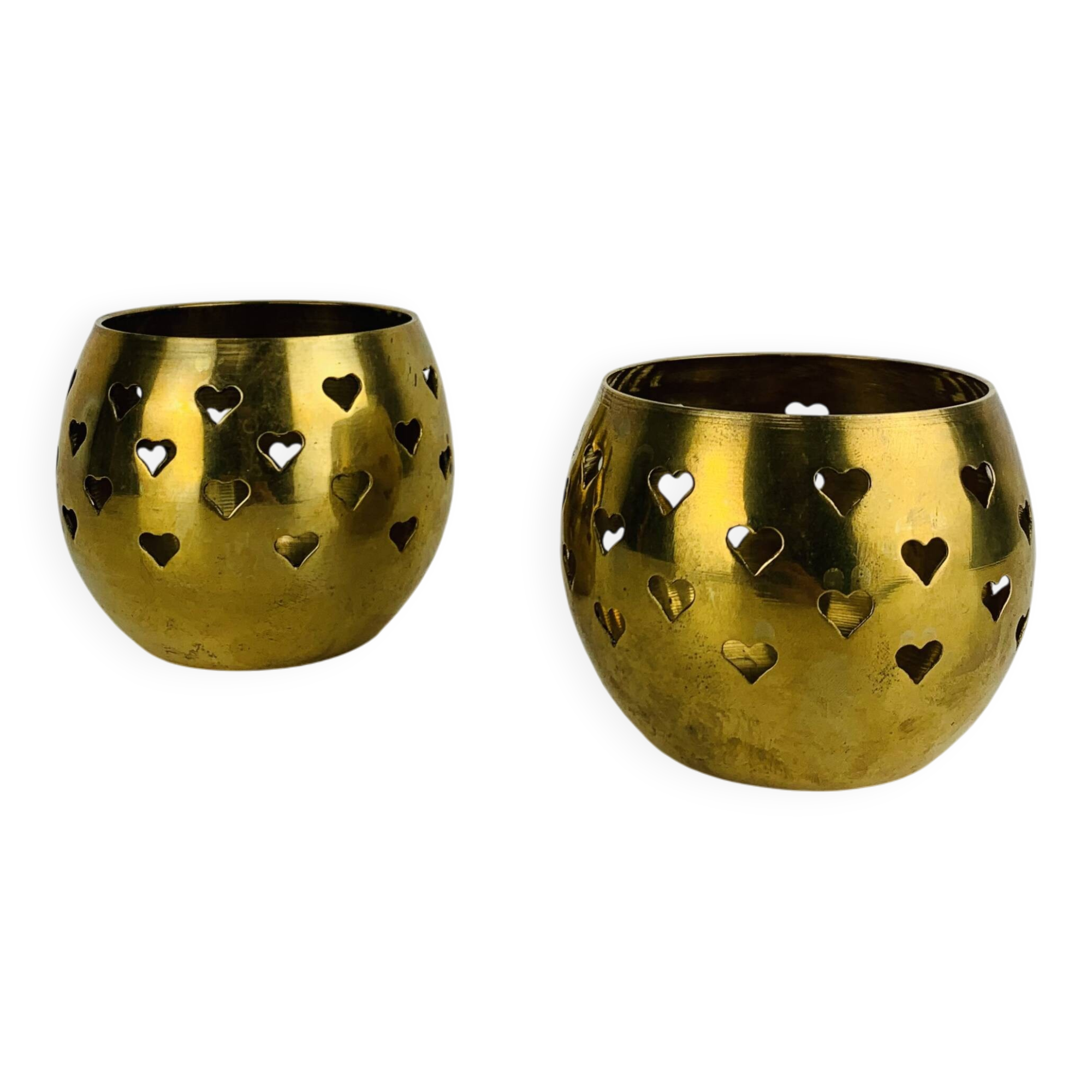 Pair of vintage openwork brass candle holders/votive candlesticks, gilded