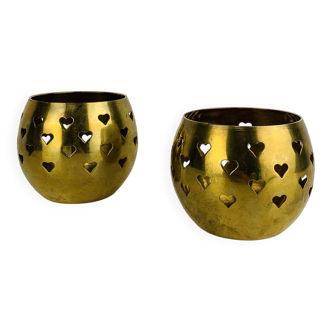 Pair of vintage openwork brass candle holders/votive candlesticks, gilded