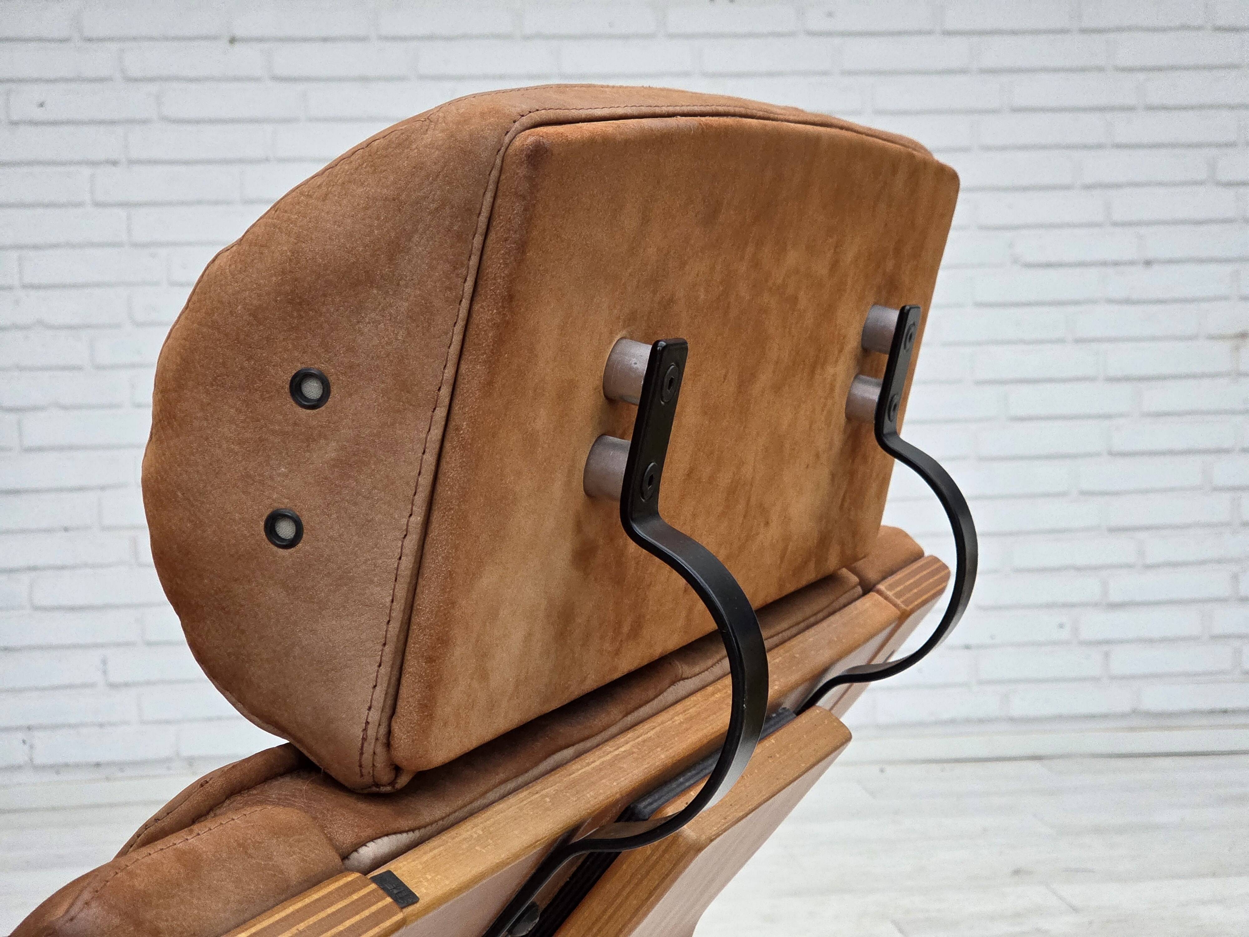 1980s, Swedish swivel armchair, nubuck leather, canvas, bent beech wood.