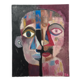 Contemporary painting face portrait geometric cubism expressionism "DUALITY" - Original work on canvas