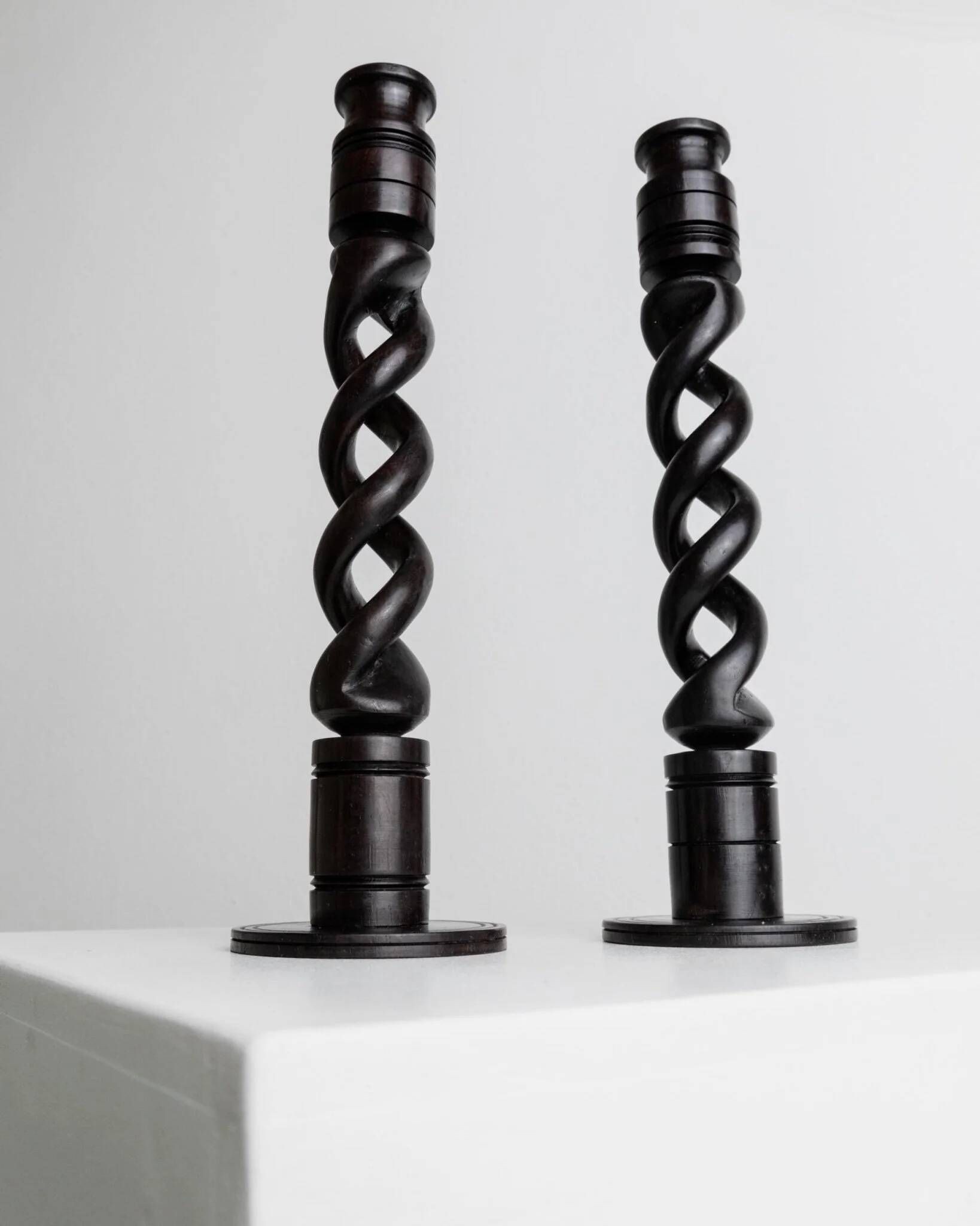 Dark Wood Candle Holders, Vintage 1970s Italy, Barley-Twist Design, Set of 2, Boho Table Decor