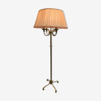 Brass floor lamp and pink silk lampshade