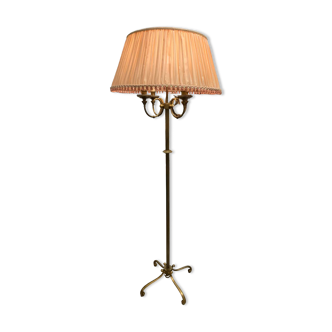 Brass floor lamp and pink silk lampshade