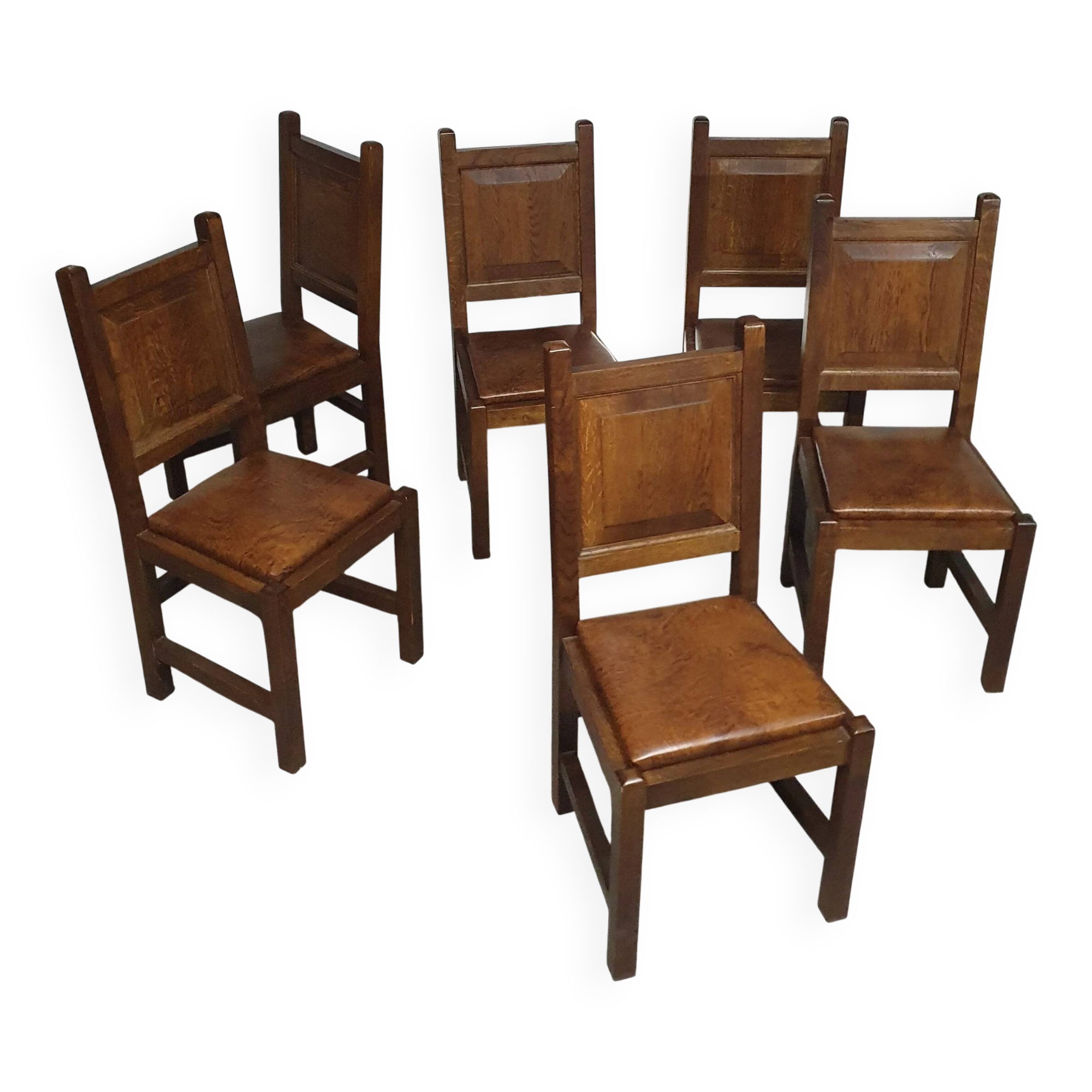 6 x Brutalist solid oak chairs mid century
