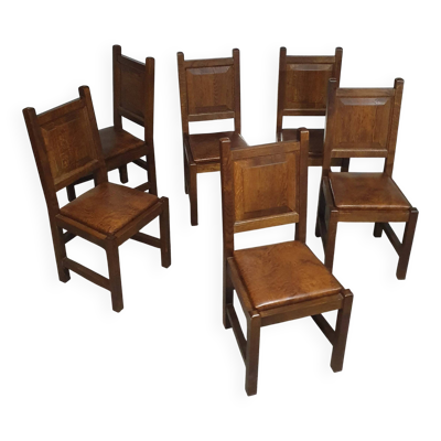 6 chaises brutalistes en chêne massif du milieu du siècle