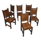 6 chaises brutalistes en chêne massif du milieu du siècle