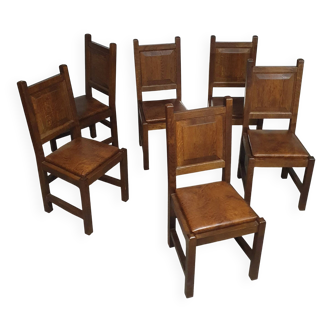 6 x Brutalist solid oak chairs mid century