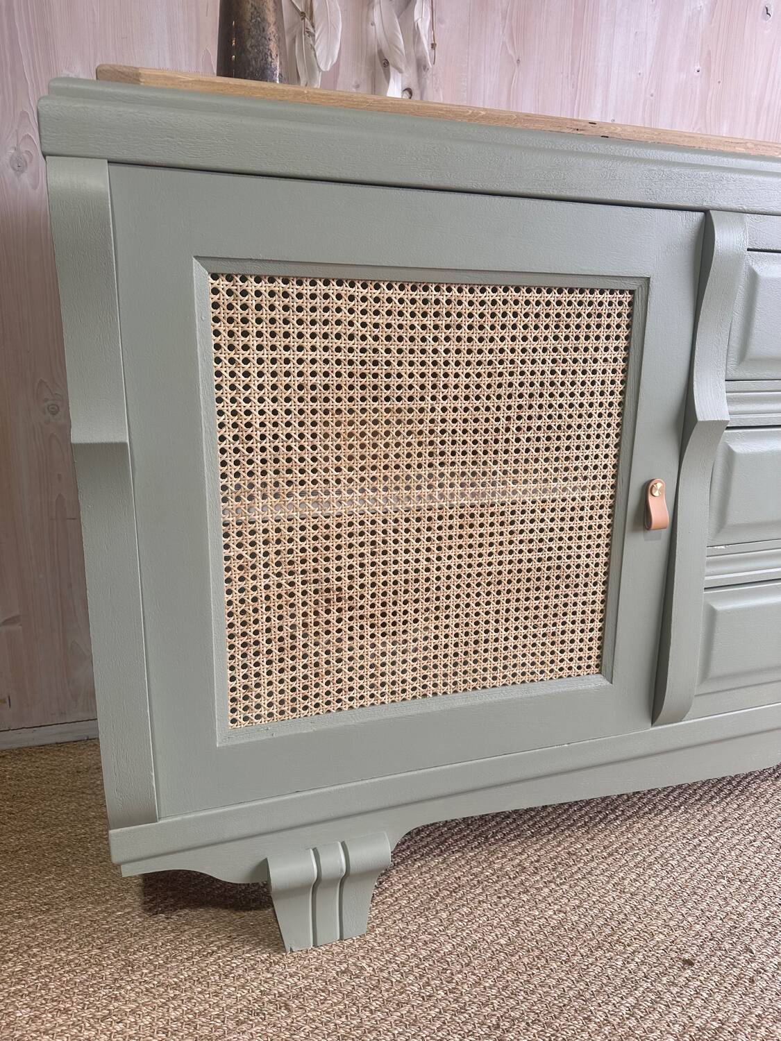 Renovated antique sideboard - blue-green, cane work and oak top