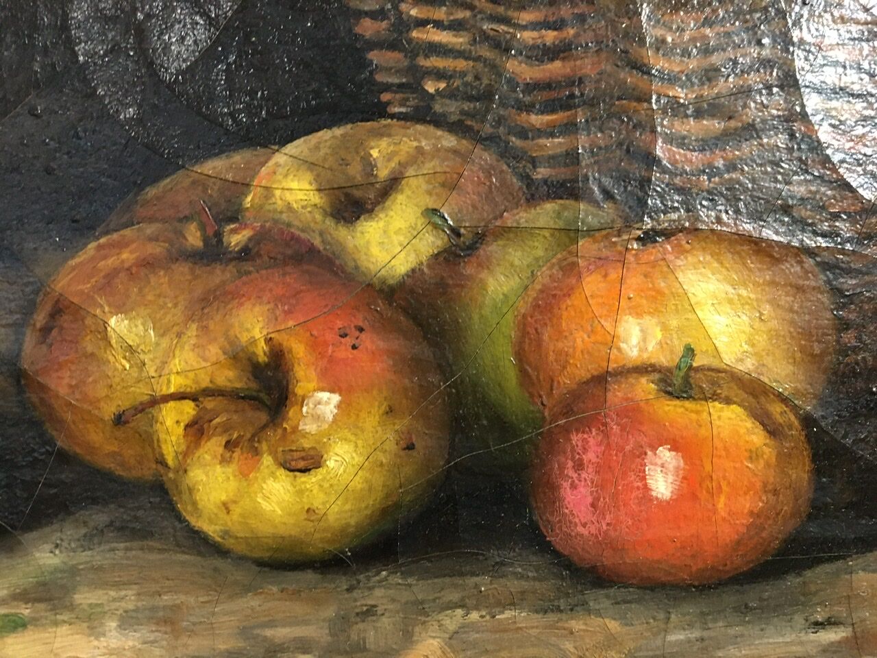 Table still life with apples and basket, signed at the beginning of the 20th century