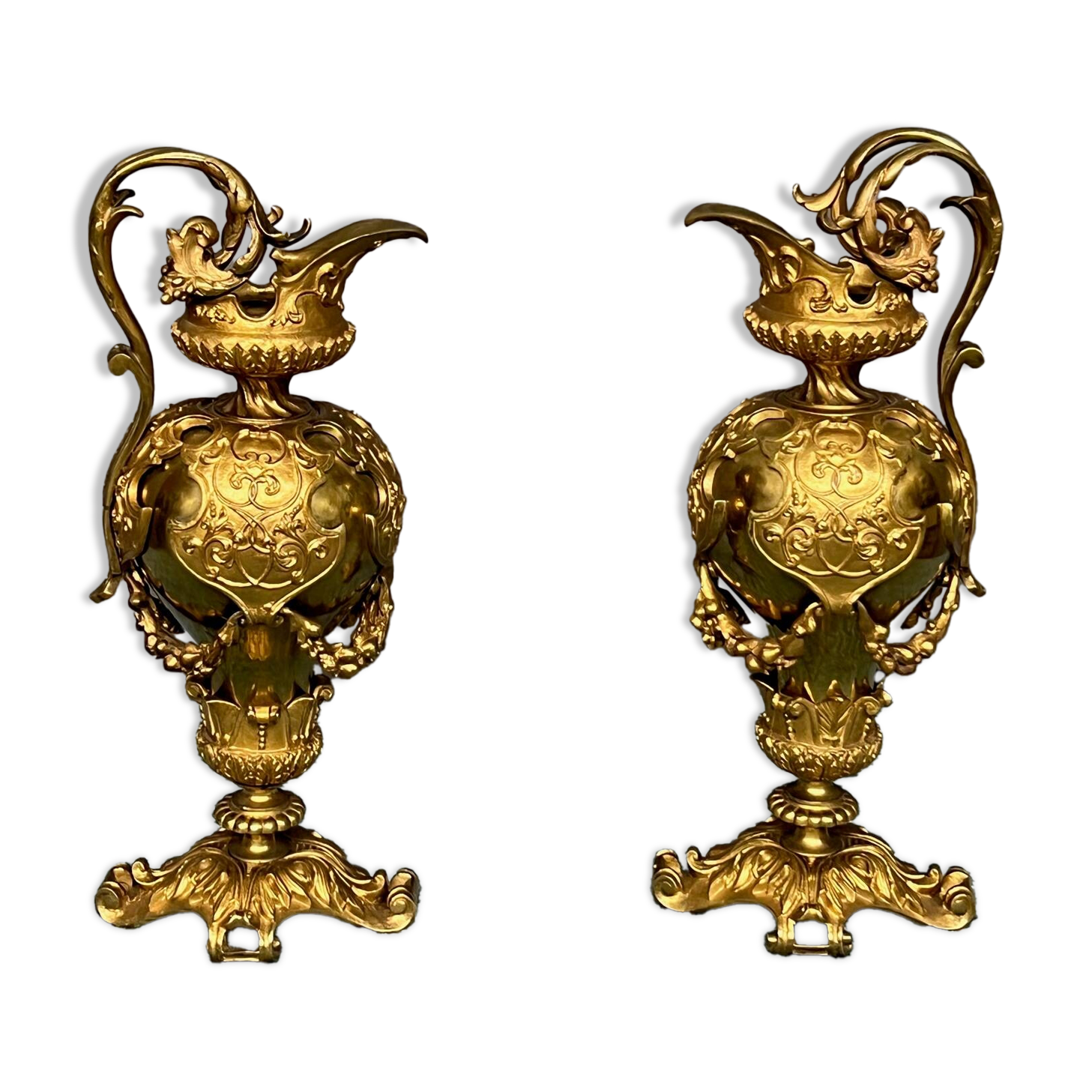 Pair of neo-Renaissance gilt bronze pitchers.
