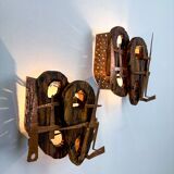 Pair of Brutalist wood & copper wall sconces, Italy, 1970s