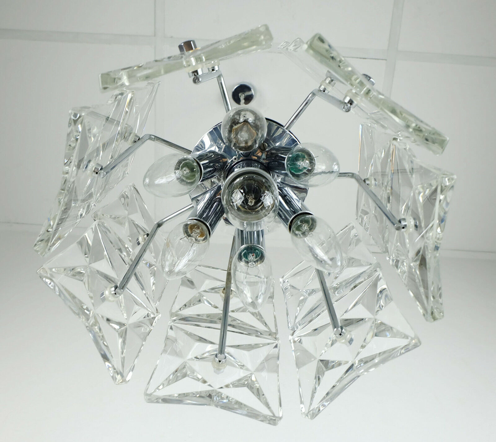 vintage PENDANT LIGHT crystal glass and chrome 14 glass prisms 1960s