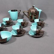 Vallauris coffee service in black and turquoise earthenware.