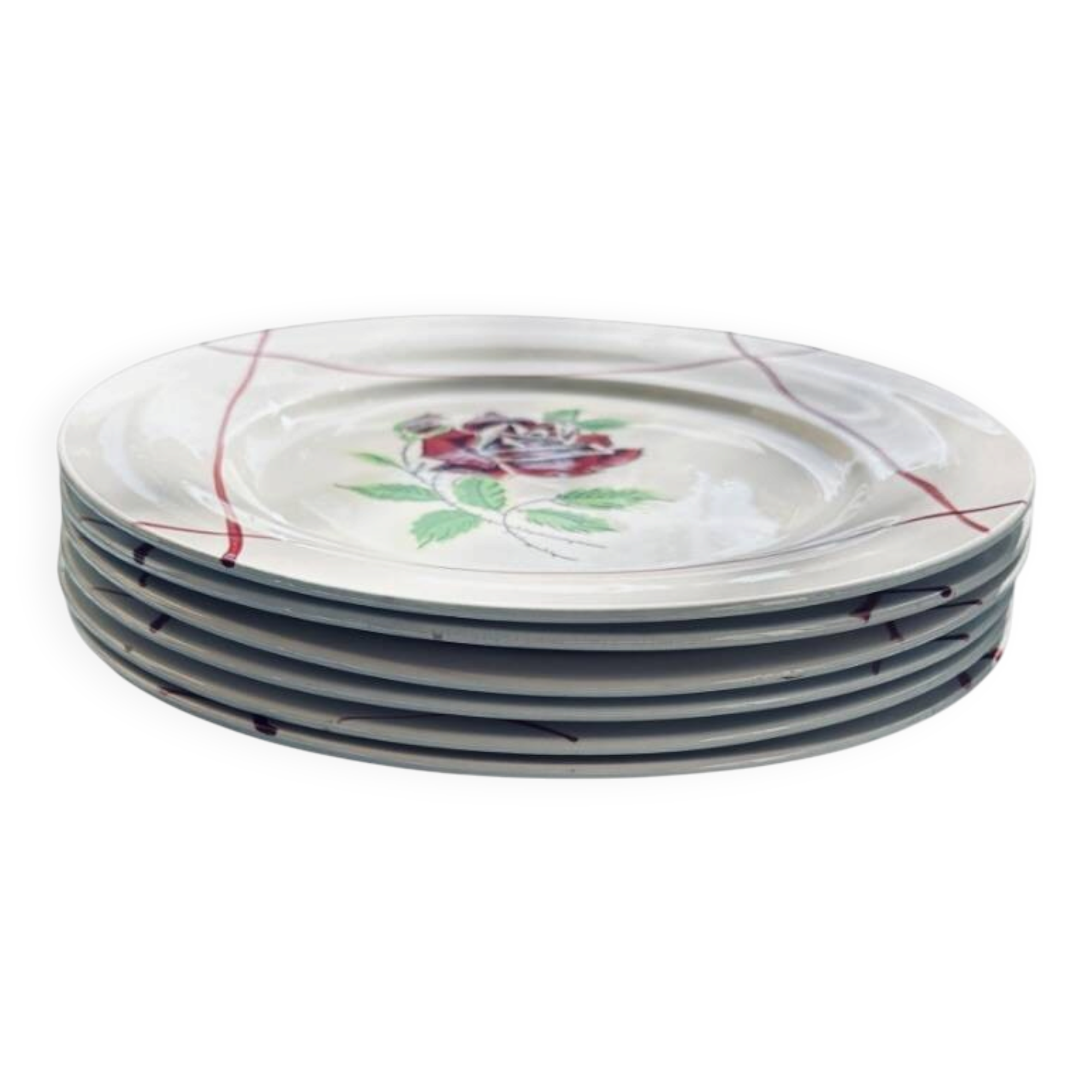 6 flat plates "Dominique", Céranord Saint-Amand, Hand-painted design, 1950