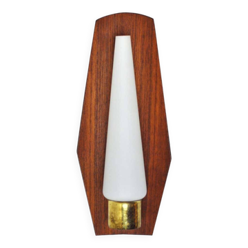 Scandinavian modern danish wall light in teak, brass and opaline glass, 1960s