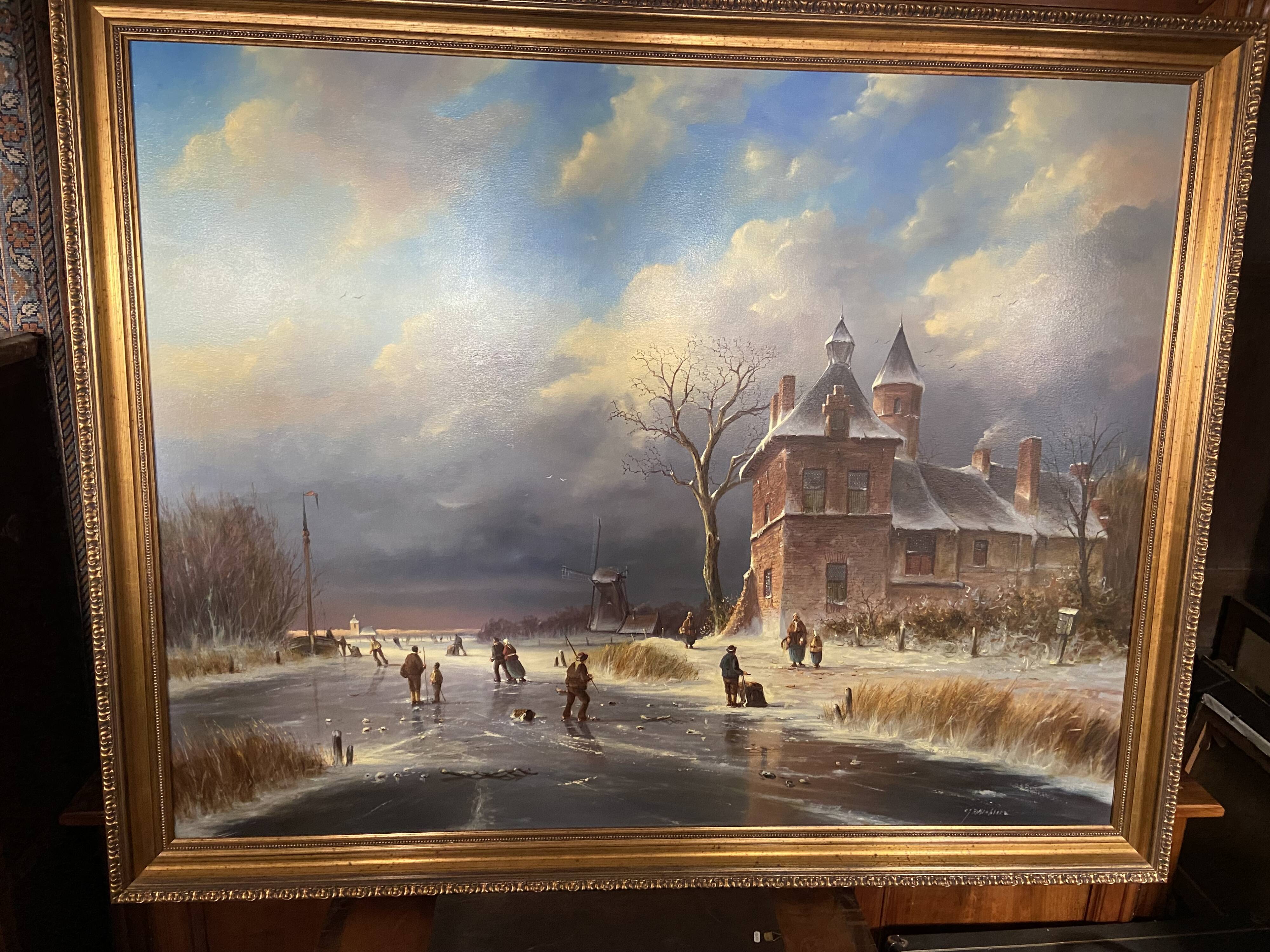 Huge oil painting on canvas Dutch school winter landscape 164x132