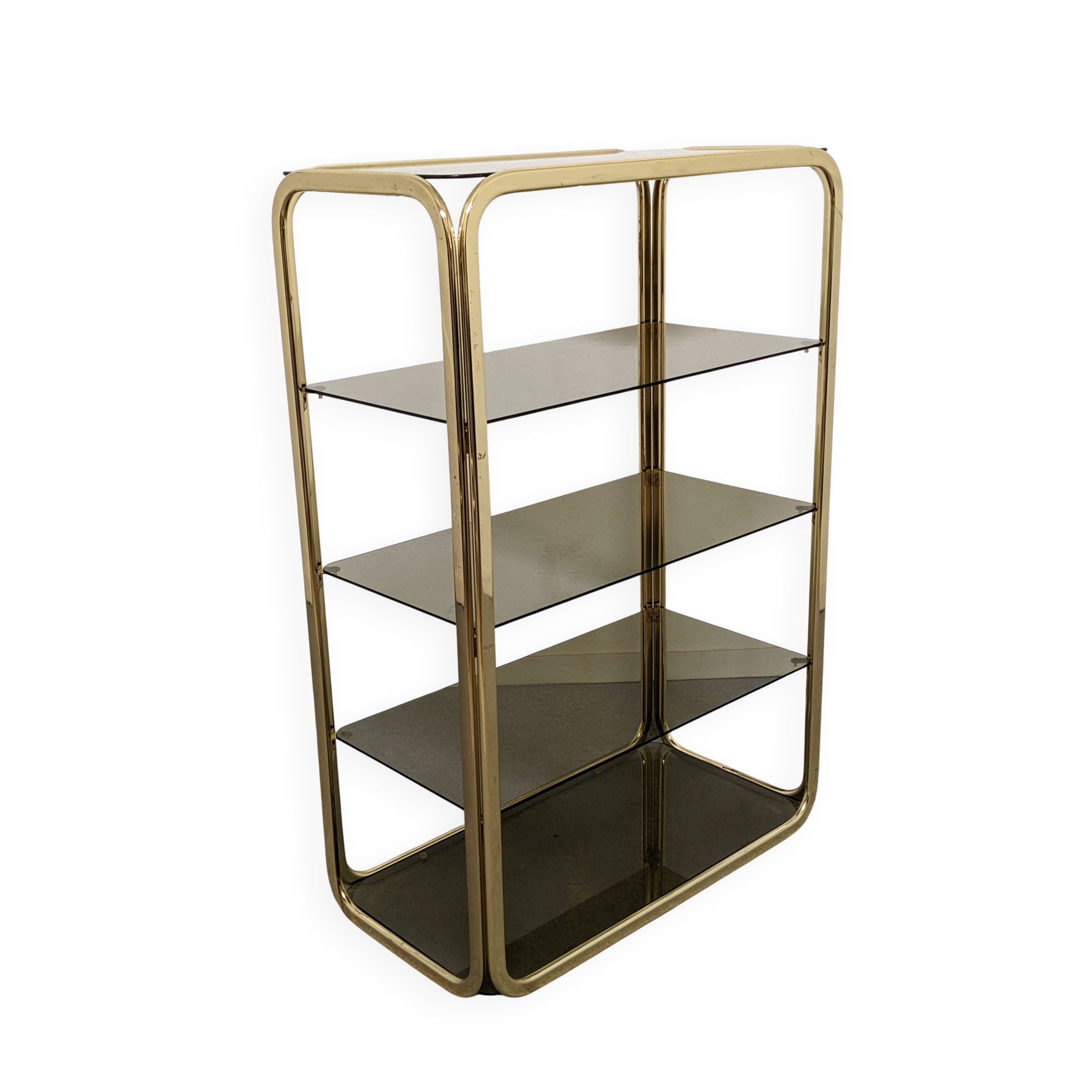 Hollywood Regency gilt metal and smoked glass shelf, Italy circa 1970