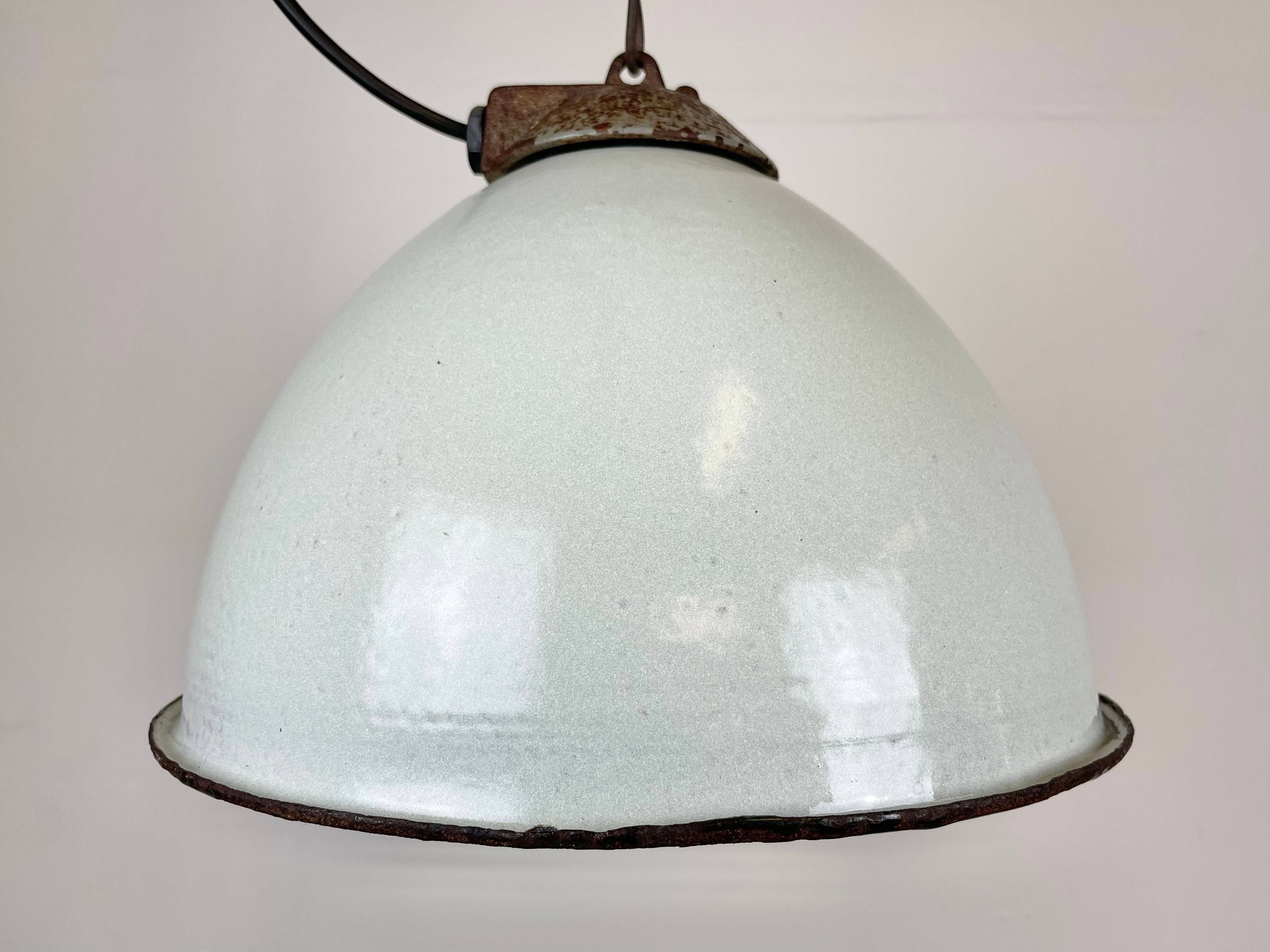 Industrial White Grey Enamel Factory Lamp with Cast Iron Top, 1960s