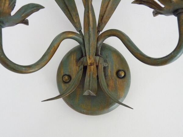 Paire d'appliques murales épis de blé ancienne en métal vert et or