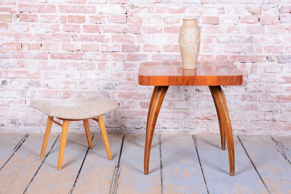 Mid-Century Stool in Upholstery and Beech, Slovakia, 1960s