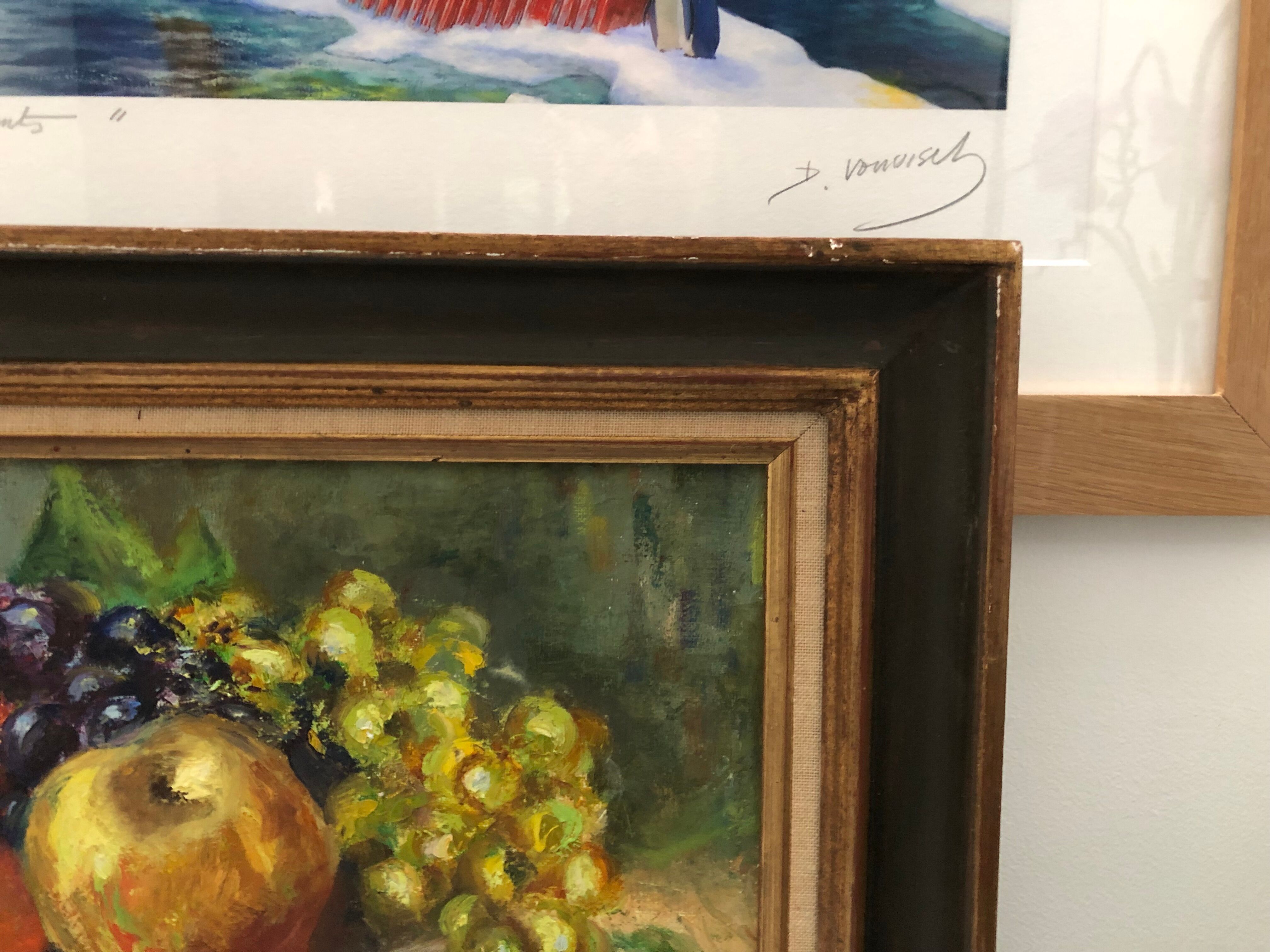 Painting, oil on canvas, still life, fruit cup, signed Pesnelle