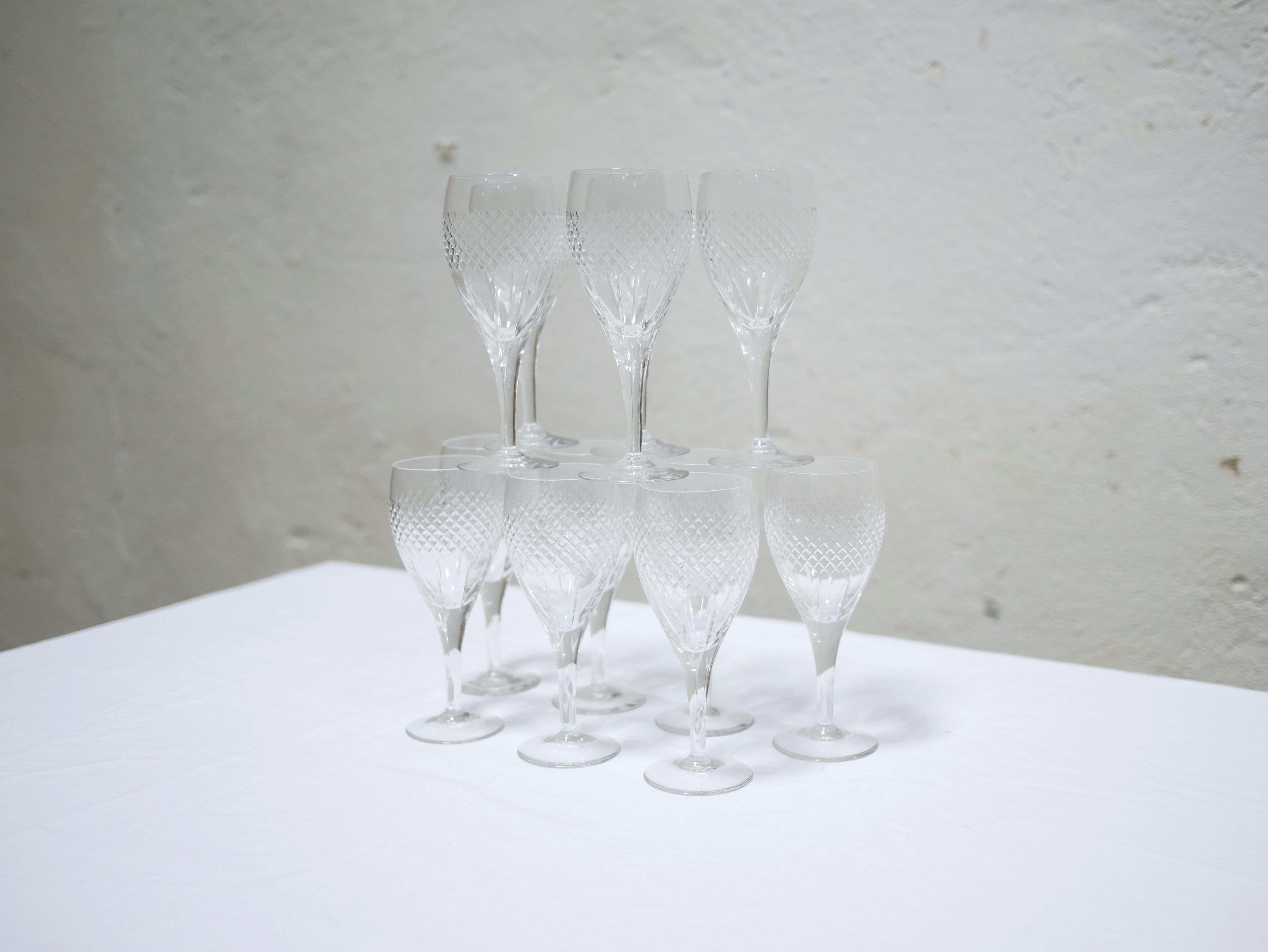 Series of 12 vintage red crystal wine glasses