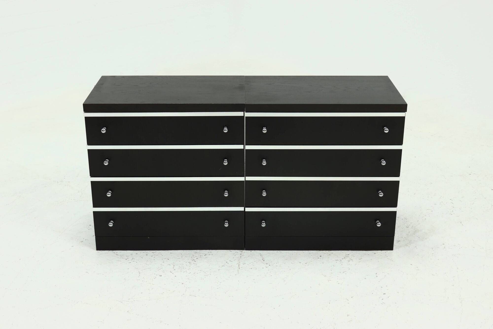 Pair Chest of Drawers in Ebonized Wood with Aluminium Accents 1980s