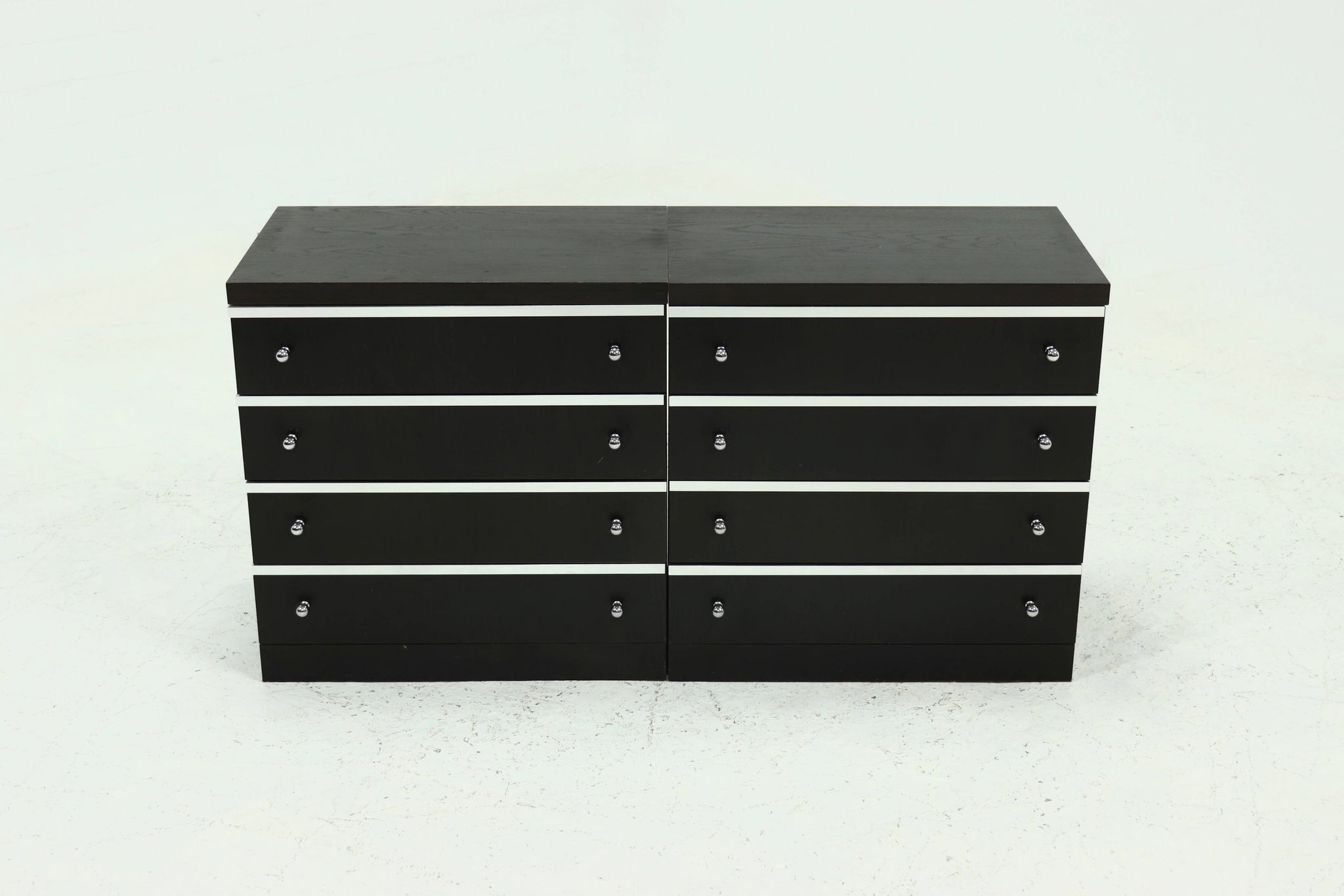 Pair Chest of Drawers in Ebonized Wood with Aluminium Accents 1980s