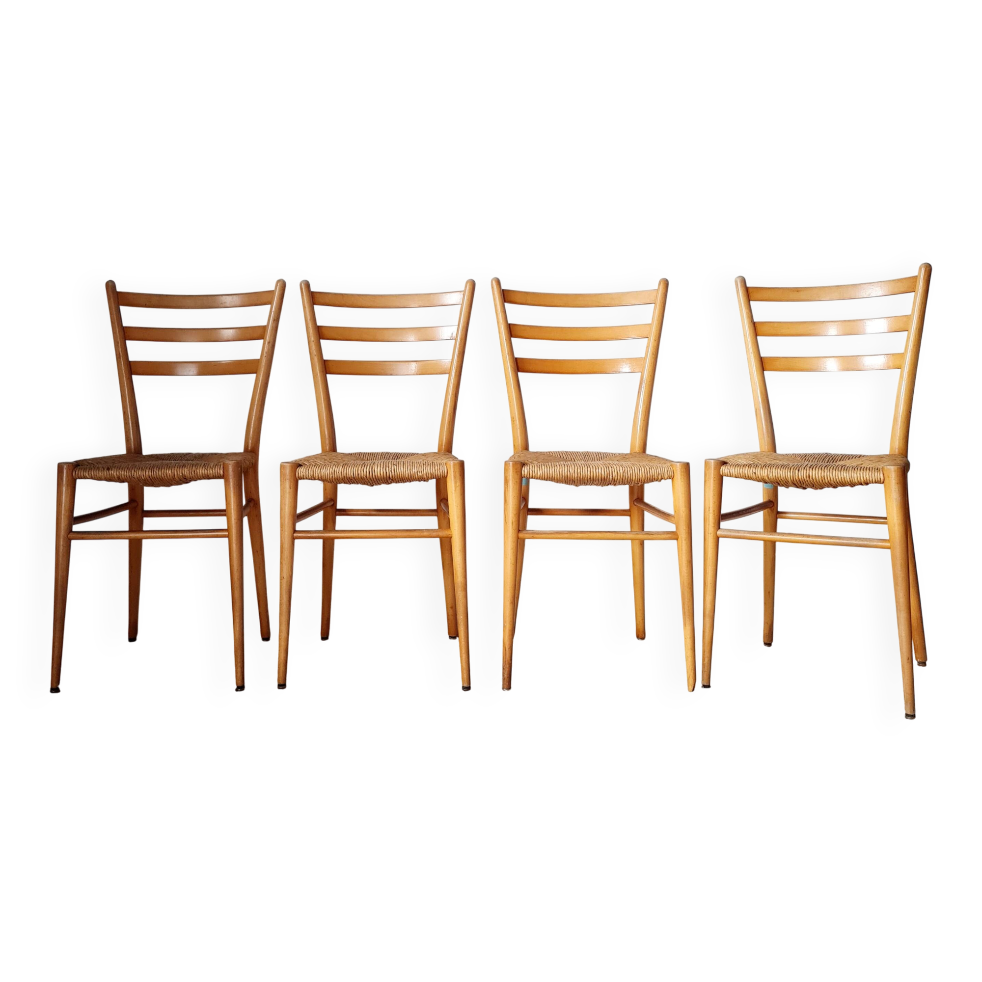 Suite de 4 chaises italiennes vintage en bois et paille