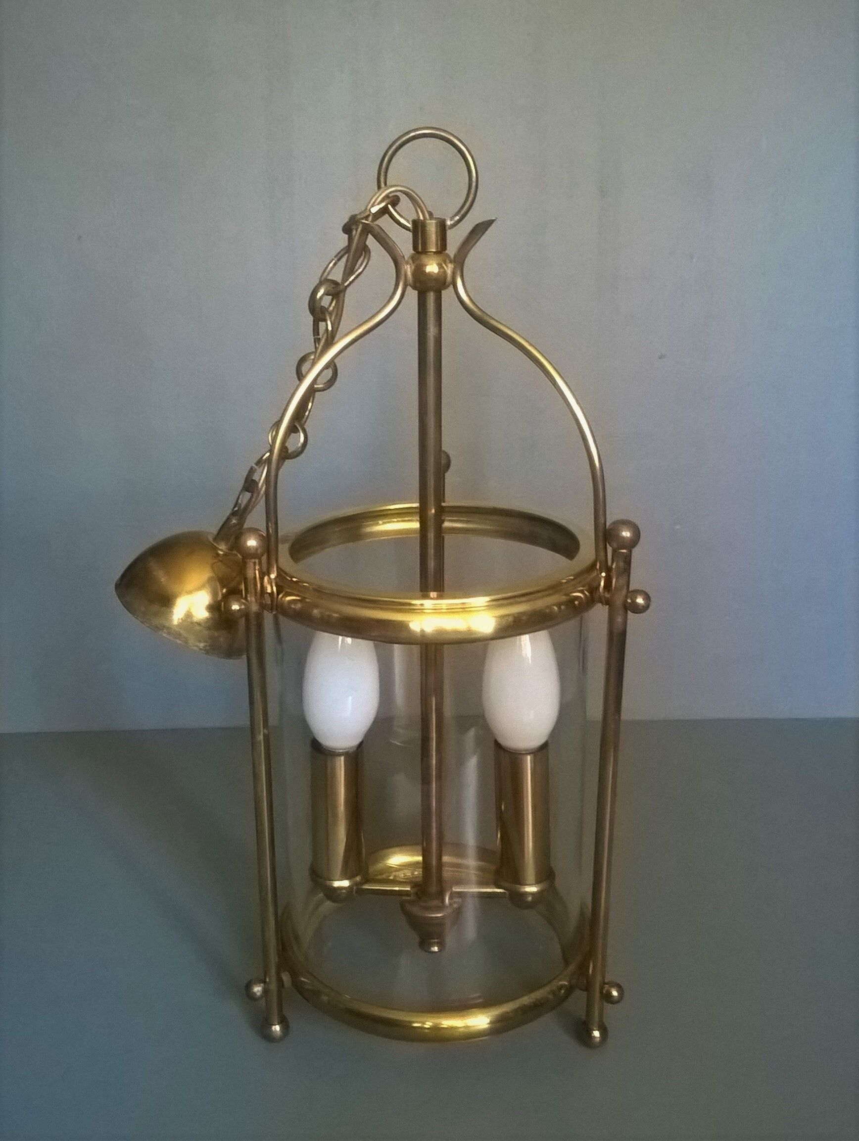 Chandelier lantern cage cylindrical two fires ~ glass and golden brass ~ 1950s/1960s