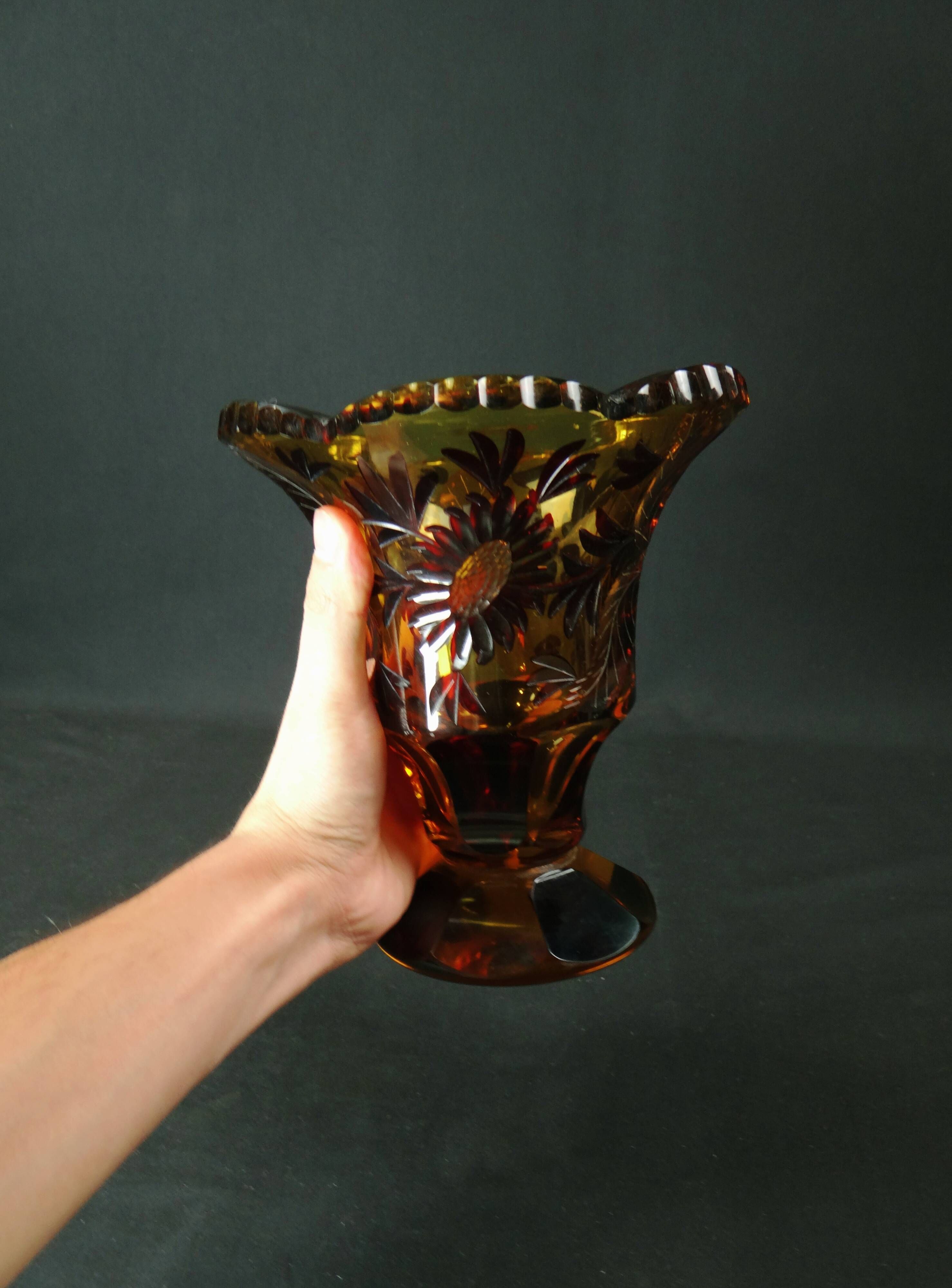 Bohemian cut crystal vase with Art Deco ruby red amber floral decoration