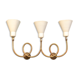 Wall lamp in brass and with three lights.  Italy 50s